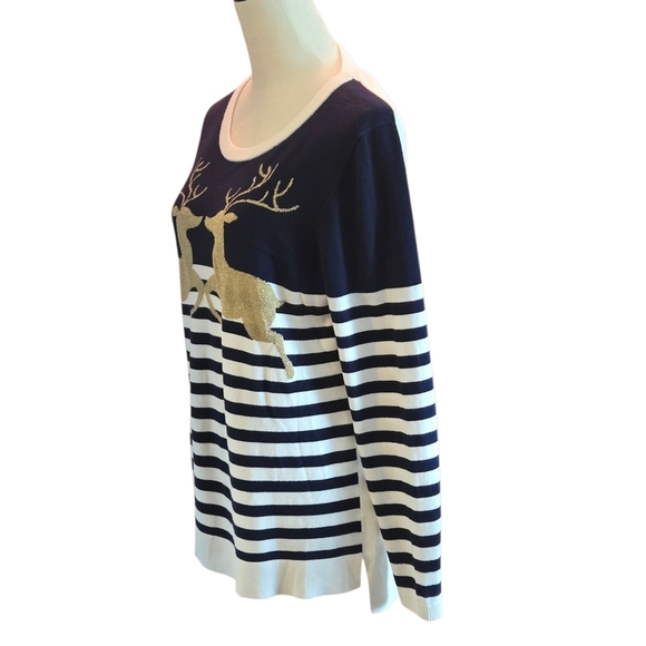 Crown & Ivy Sweater Midnight Blue Stripe Gold Reindeer Women L Holiday Sweater - Picture 3 of 10